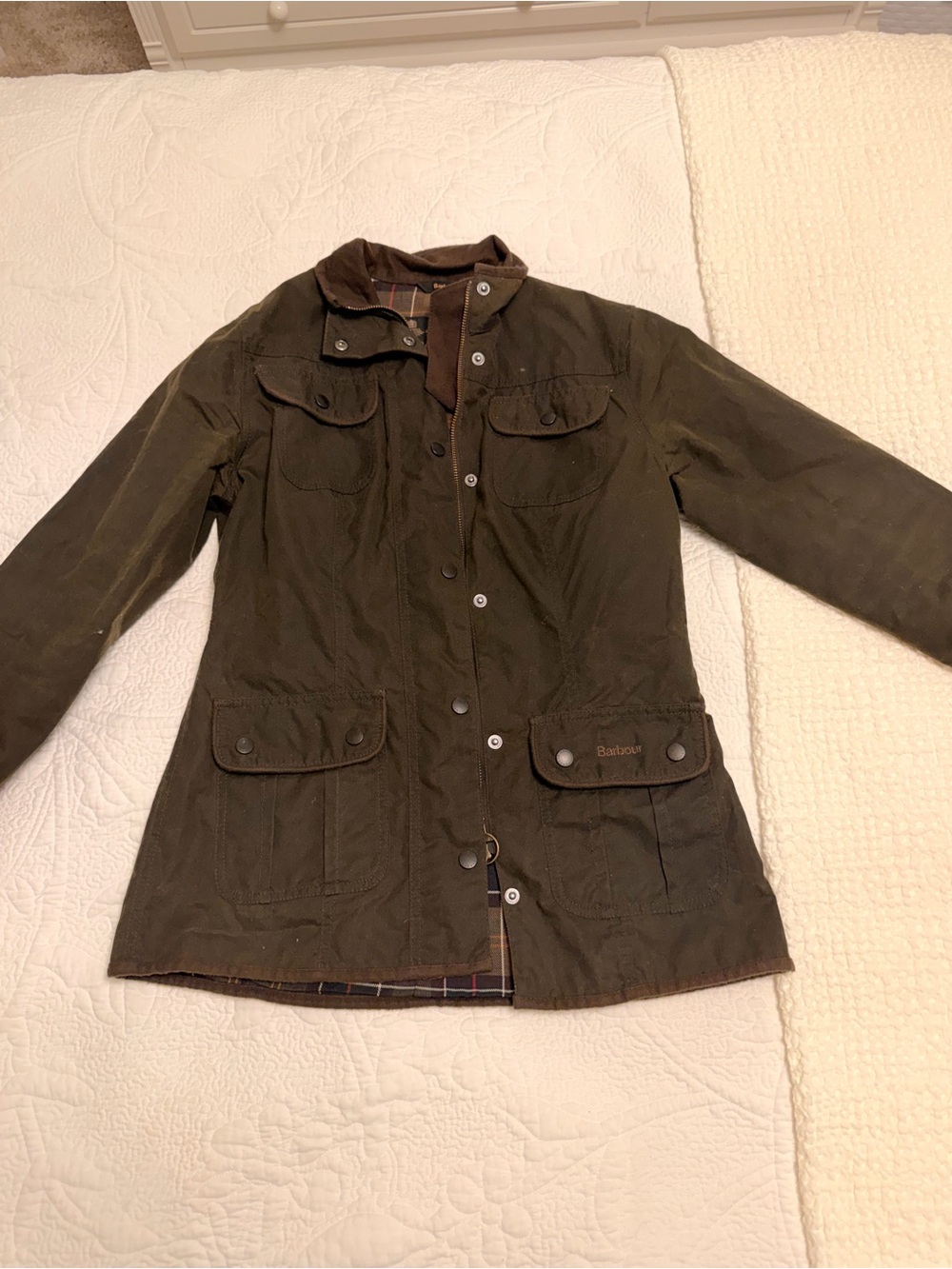 Barbour Olive Green Utility Wax Jacket with Brown Collar - Picture 2 of 5